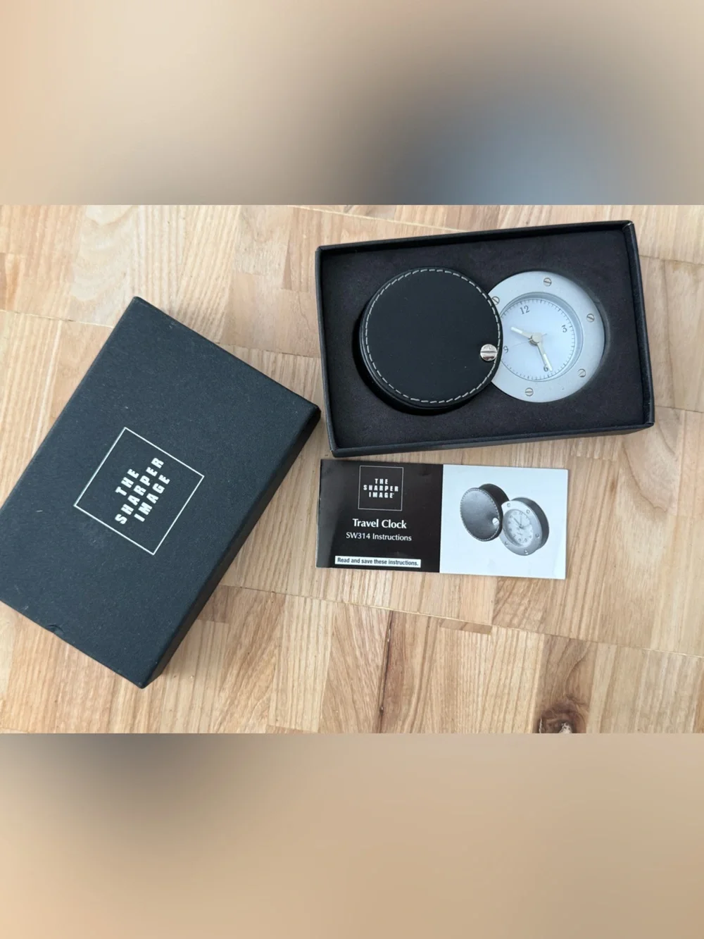 Sharper Image Travel Clock New in Box Silver Black Compact